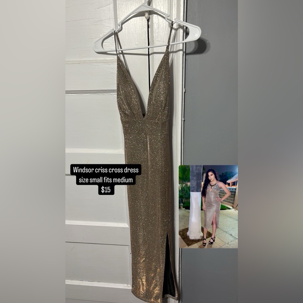 WINDSOR crisscross back gold sparkle dress 
 Small fit Medium